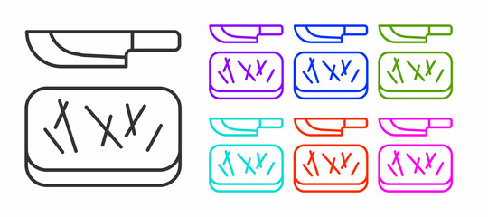 Black line Cutting board and knife icon isolated on white background. Chopping Board symbol. Cutlery symbol. Set icons colorful. Vector