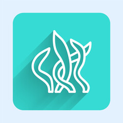 White line Seaweed icon isolated with long shadow. Underwater seaweed spirulina, aquatic marine algae plant. Vegan and vegetarian food. Green square button. Vector