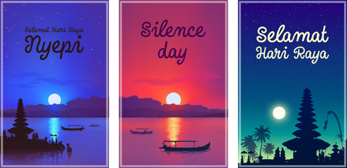 Balinese Nyepi day vector posters set with signs in Indonesian language 