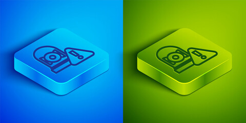 Isometric line Ringing alarm bell icon isolated on blue and green background. Alarm symbol, service bell, handbell sign, notification symbol. Square button. Vector
