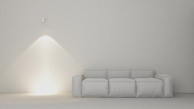 Various patterns of lights that turn on and off alternately of wall lamps from led bulbs displayed on a concrete wall and a sofa on the floor. for deciding the choice of lighting 3d animation looped