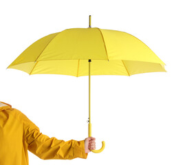 Woman with open yellow umbrella on white background, closeup