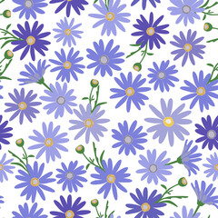 Blue Daisy Seamless Pattern. Blue Purple Daisy Chamomile flowers in vintage retro style, year 70s, for fabric, textile, stationary, clothing, home decor, etc.