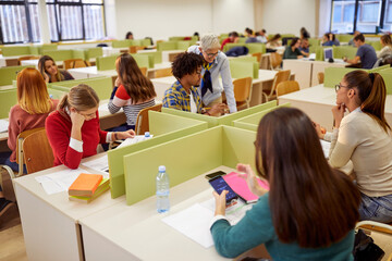 A female professor working with students at the lecture. Smart young people study at the college. Education, college, university, learning and multiethnic people concept