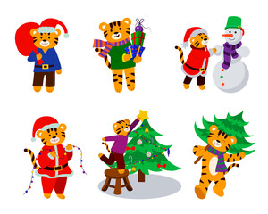 A set of cartoon illustrations of a tiger in the New Year style with Christmas items in their hands. Vector isolated on a white background