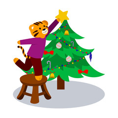 cartoon illustration for children. a tiger decorates a festive Christmas tree, Christmas, new year. vector isolated on a white background