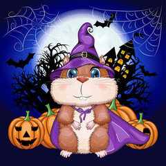 Cartoon hamster wearing a purple witch's hat and cloak with a broom, potion or jack pumpkin. Against the background of the castle, the moon, flying mice.
