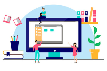 The concept of e-learning banner. Computer screen with a folder, books, pencils and small people on the table. Modern illustration for website.