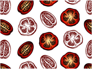 Sketch line art pattern with red tomatoes isolated on white background. Outline drawing food, fresh fruit, vegetable, vegan, vegetarian. Wallpaper for tomato sauce packaging. Vector illustration.