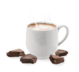 Cup of delicious hot chocolate on white background