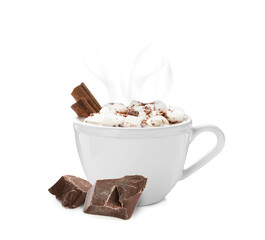 Cup of delicious hot chocolate on white background