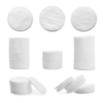 Set with soft cotton pads on white background
