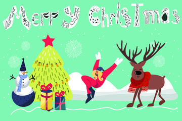 Christmas card with lettering Merry Christmas, a Christmas deer in a sweater, a snowman, a Christmas tree, gifts, snowdrifts, a girl frolics in the snow.