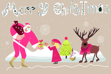 Obraz premium Christmas card Santa Claus gives a girl a gift, Christmas deer, snowman, herringbone, lettering Merry Christmas.