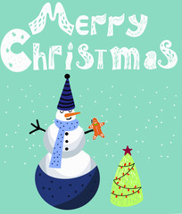 Christmas card with a snowman in a hat and scarf, with a Christmas tree.