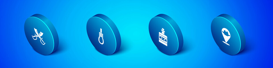 Set Isometric Crossed pirate swords, Alcohol drink Rum, Location and Gallows rope loop hanging icon. Vector