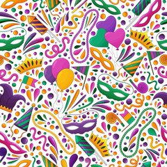 Mardi Gras pattern. Mardi Gras beads, yellow, green, purple. Colorful carnival backgroundr. Mardi Gras seamless print, textile, fabric texture. Tradition carnival symbols, confetti, mask, firework.