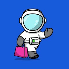Cute Astronaut Shopping Cartoon Vector Icon Illustration. Astronaut Business Icon Concept Isolated Premium Vector. Flat Cartoon Style.