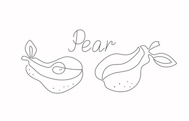 Pear abstract. One line drawing. Whole fruit and a slice. Line art with text. Vector illustration. Isolated background.