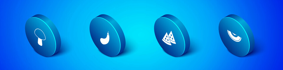 Set Isometric Mushroom, Watermelon, Melon fruit and Eggplant icon. Vector