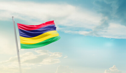 Mauritius national flag cloth fabric waving on the sky - Image