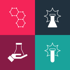 Set pop art Chemical explosion, Test tube and flask, and formula icon. Vector