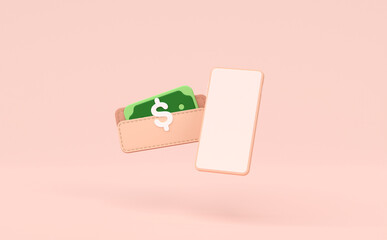 Smartphone, Wallet with Green Bill on pink background, Business investment concept, 3D rendering.