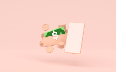 Smartphone, Coin stack and Wallet with Green Bill on pink background, Business investment concept, 3D rendering.