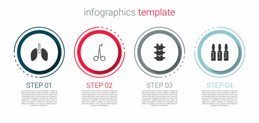 Set Lungs, Medical scissors, Human spine and vial, ampoule. Business infographic template. Vector