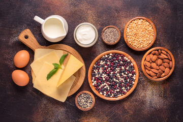 Products rich in calcium on dark background.