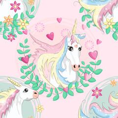 Obraz na płótnie Canvas pattern with cute unicorns, clouds,rainbow and stars. Magic background with little unicorns