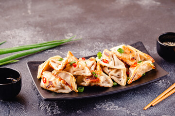 Fried dumplings served with green onions.