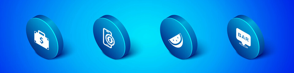 Set Isometric Briefcase and money, Casino slot machine with watermelon, Alcohol bar location and Online poker table game icon. Vector