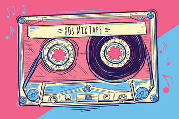 80s mix tape - colorful musical audio cassette design