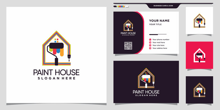 Paint house logo with roller, brush and unique concept and business card design Premium Vector