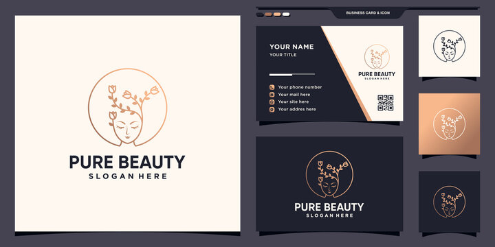 Pure beauty woman face logo with flower in linear style and business card design Premium Vector