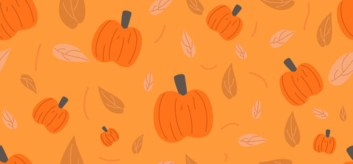 Pumpkins and leaves seamless patten. Orange autumn season fruit design for wallpaper, background, print, fabric, wrapping, header, backdrop and etc. vector illustration.