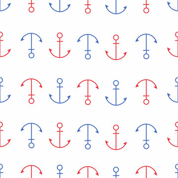 Red and blue anchor seamless pattern. Marine theme on white background. Vector illustration