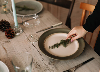 A young woman hostess in an elegant dress serves dishes prepares for the traditional Christmas holiday sets and decorates the dining table in a cozy house