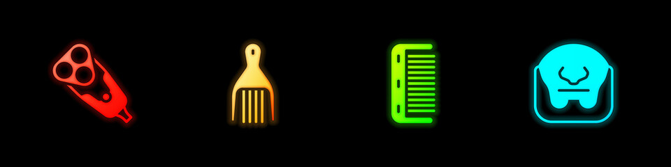 Set Electric razor blade, Barrette, Hairbrush and Mustache and beard icon. Vector