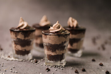 Chocolate Mousse shots close up shot with selective focus and blur
