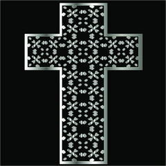 cross with patterns of metal on a black background. 