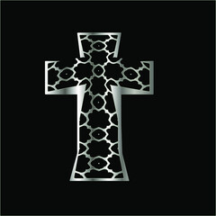 cross with patterns of metal on a black background. 