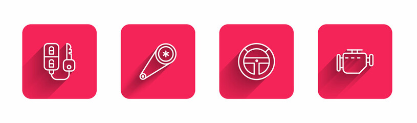 Set line Car key with remote, Timing belt kit, Steering wheel and Check engine with long shadow. Red square button. Vector