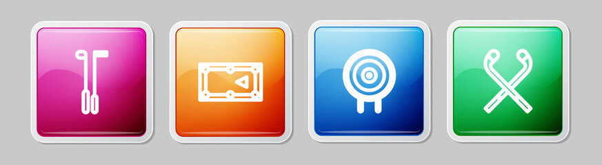 Set line Golf club, Billiard table, Target sport and Ice hockey sticks. Colorful square button. Vector