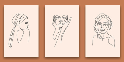 Surreal Faces Continuous line, drawing of set faces and hairstyle, fashion concept, woman beauty minimalist, vector illustration pretty sexy. Contemporary portrait