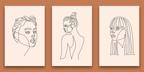 Surreal Faces Continuous line, drawing of set faces and hairstyle, fashion concept, woman beauty minimalist, vector illustration pretty sexy. Contemporary portrait