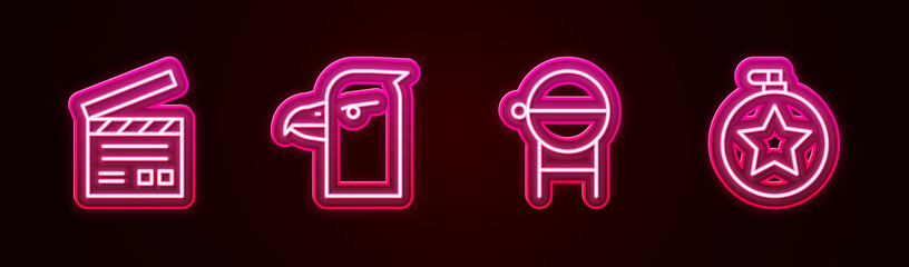Set line Movie clapper, Eagle head, Barbecue grill and Canteen water bottle. Glowing neon icon. Vector