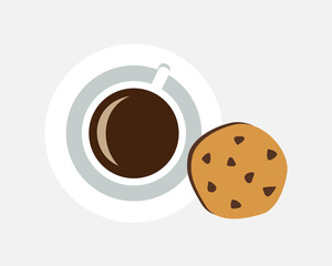 Cup of coffee or tea and chocolate cookie. Vector illustration isolated on white background.