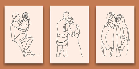 Continuous line woman and man showing love valentine vector illustration